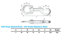 Load image into Gallery viewer, Swivel End Bolt Snap - 90mm 316 Grade