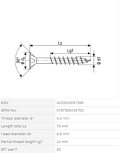 Load image into Gallery viewer, Stainless steel screw, 4,5 x 70 mm, 100 pieces, partial thread, flat countersunk head, T-STAR plus T20