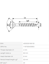 Load image into Gallery viewer, Stainless steel screw, 4 x 60 mm, 100 pieces, full thread, flat countersunk head, T-STAR plus T20