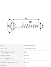Load image into Gallery viewer, Stainless steel screw, 5 x 60 mm, 100 pieces, partial thread, flat countersunk head, T-STAR plus T20, stainless steel A2
