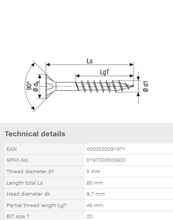 Load image into Gallery viewer, Stainless steel screw, 5 x 80 mm, 100 pieces, partial thread, flat countersunk head, T-STAR plus T20, stainless steel A2