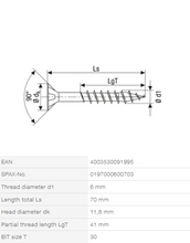 Load image into Gallery viewer, Stainless steel screw, 6 x 70 mm, 100 pieces, partial thread, flat countersunk head, T-STAR plus T30, 4CUT, stainless steel A2