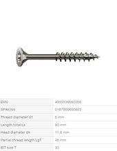 Load image into Gallery viewer, Stainless steel screw, 6 x 80 mm, 100 pieces, partial thread, flat countersunk head, T-STAR plus T30, stainless steel A2