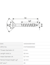 Load image into Gallery viewer, Stainless steel screw, 5 x 50 mm, 200 pieces, partial thread, flat countersunk head, T-STAR plus T20, stainless steel A2
