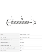 Load image into Gallery viewer, Stainless steel screw, 4 x 40 mm, 200 pieces, full thread, pan head, T-STAR plus T20, stainless steel A2
