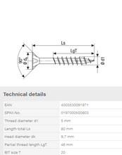 Load image into Gallery viewer, Stainless steel screw, 5 x 80 mm, 100 pieces, partial thread, flat countersunk head, T-STAR plus T20, stainless steel A2
