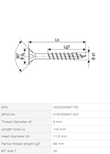 Load image into Gallery viewer, Stainless steel screw, 6 x 140 mm, 100 pieces, partial thread, flat countersunk head, T-STAR plus T30, stainless steel A2
