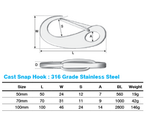 Load image into Gallery viewer, Safety Snap Hook 50mm 316 Grade
